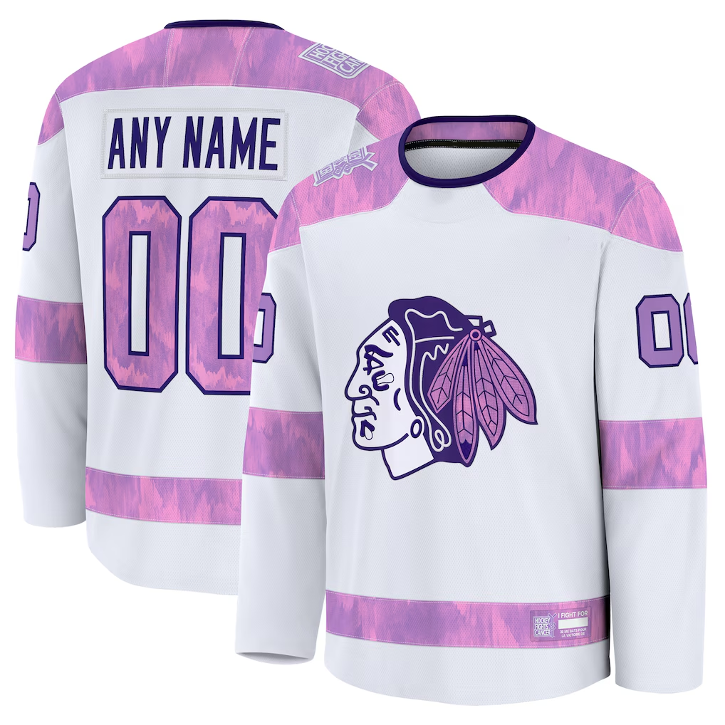 Moorv Custom C.Blackhawks White 2024 Hockey Fights Cancer Practice Jerseys