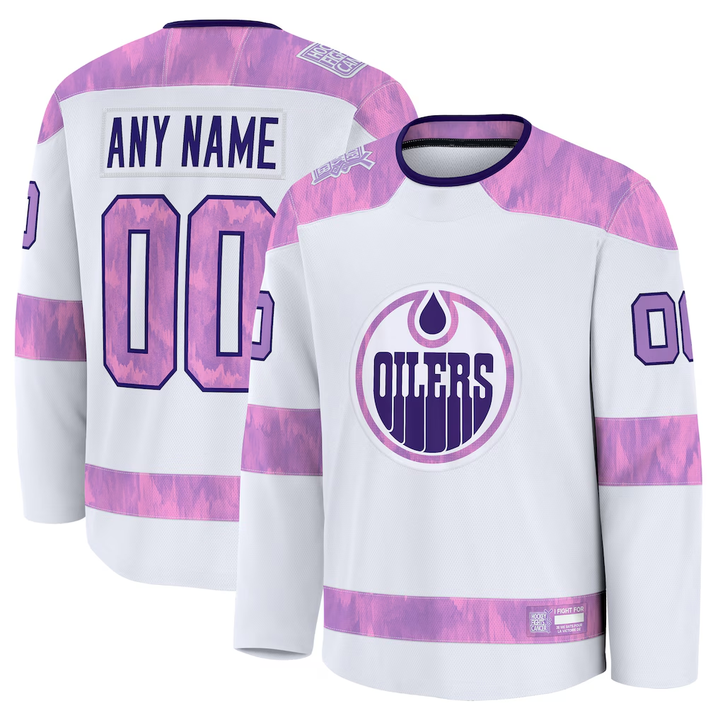 Moorv Custom E.Oilers White 2024 Hockey Fights Cancer Practice Jerseys